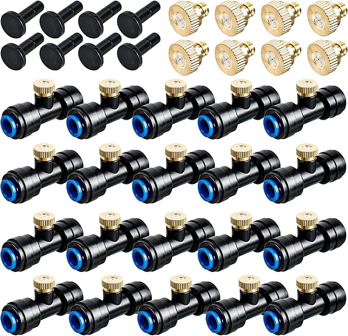 96 Pcs Brass Misting Nozzles Kit Including 48 Pcs 1/4 Inch Brass Misting Nozzles 40 Pcs Misting Nozzle Tees with 8 Plugs for Outdoor Spray Cooling System Misting Nozzle Replacements Tubing