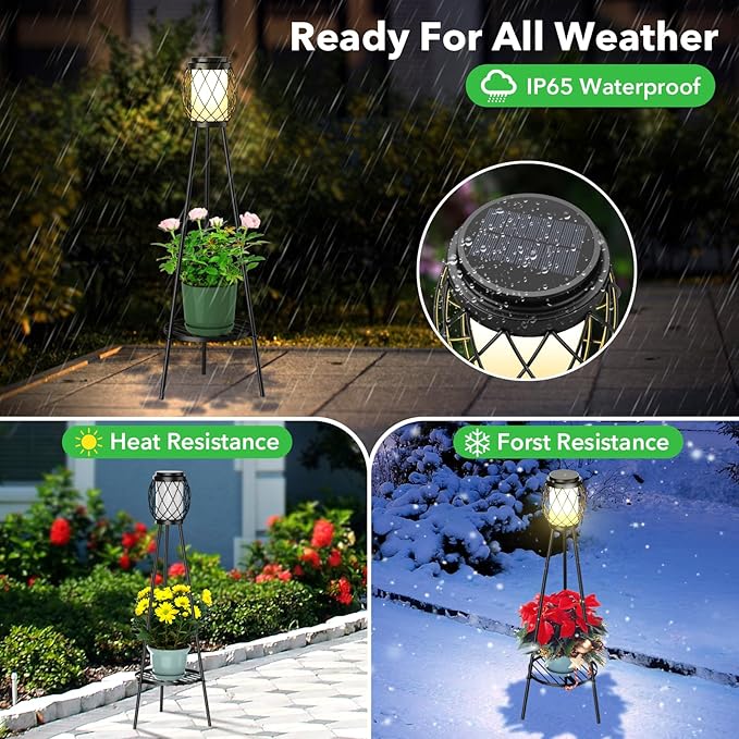 Solar Lights Outdoor with Plant Stands 2 Pack, Solar Floor Lamp Metal Tripod Patio Lights for Garden Yard Pathway Driveway Front/Back Porch Decoration