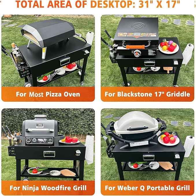 Foldable Grill Table Cart for Ninja Woodfire OG700, Blackstone Portable Griddle, Weber, Ooni Pizza Oven – Portable Outdoor BBQ Prep Stand with Caddy, Ideal for Camping and Tailgating