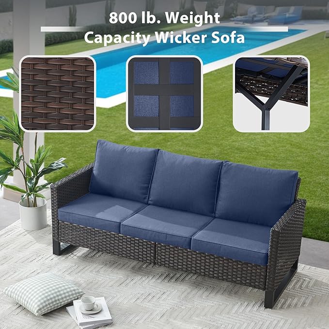 9 Piece Wicker Patio Furniture Set - Outdoor Swivel Rocker Chairs Set with Coffee Table, Rattan Chairs, 3 Seat Sofa & Ottomans, Patio Conversation Sets for Bcakyard Deck - Brown/Blue