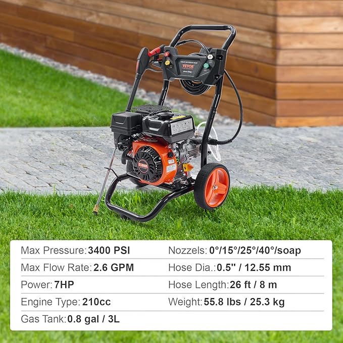 VEVOR Gas Powered Pressure Washer 3400 PSI 2.6 GPM, with Spray Gun and Extension Wand, 5 Quick Connect Nozzles, Copper Pump