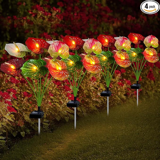 Solar Lights Outdoor,4 Packs Solar Garden Flower Lights with Anthurium Plant Lights,Garden Birthday Gifts for Women,Waterproof Solar Stakes Lights for Outside Yard Patio Lawn Decoration