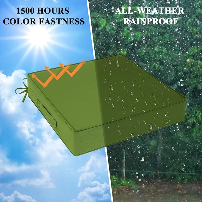 Outdoor Chair Cushions Set of 2 for Patio Furniture 22x22x4 Inch Waterproof Patio Chair Cushion 3 Year Color Fastness Square Elastic Foam Garden Couch Pads with Ties and Handle,Green