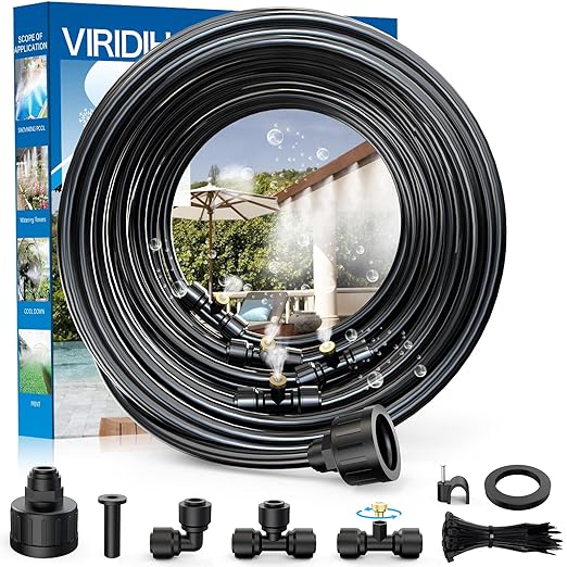 Misting Systems, Misters for Outside Patio, 100FT Misting Cooling System+30 Brass Mister System+2 PE Antioxidant Adapters 3/4"+2 Tee Adapters+2 90 Degree Elbows for Pasture, Garden, Greenhouse, Gazebo