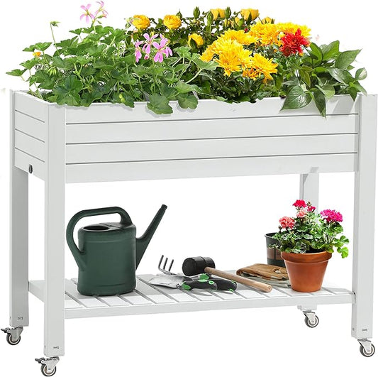 YITAHOME 3.6x1.5x2.8 FT Elevated Garden Bed Kit with Legs and Wheels, Outdoor Large Resin Planter Box Stand with Drain Plug and Storage Shelf for Plants Vegetables Fruits, Grayish-White