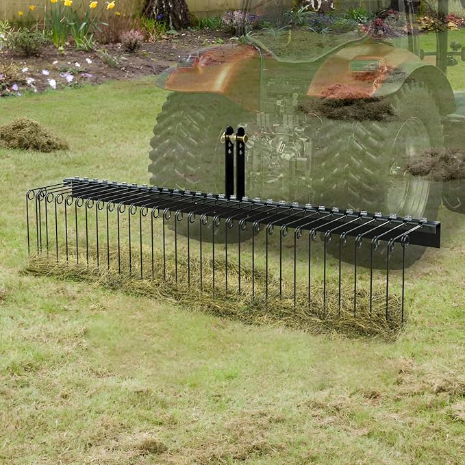 VEVOR Tow Behind Landscape Rake, 72" Tow Dethatcher with 32 Steel Tines, Lawn Dethatcher Rake Attaches to Category 1, 3 Point Hitch for Tractor, for Leaves, Pine Needles, Straw, and Grass