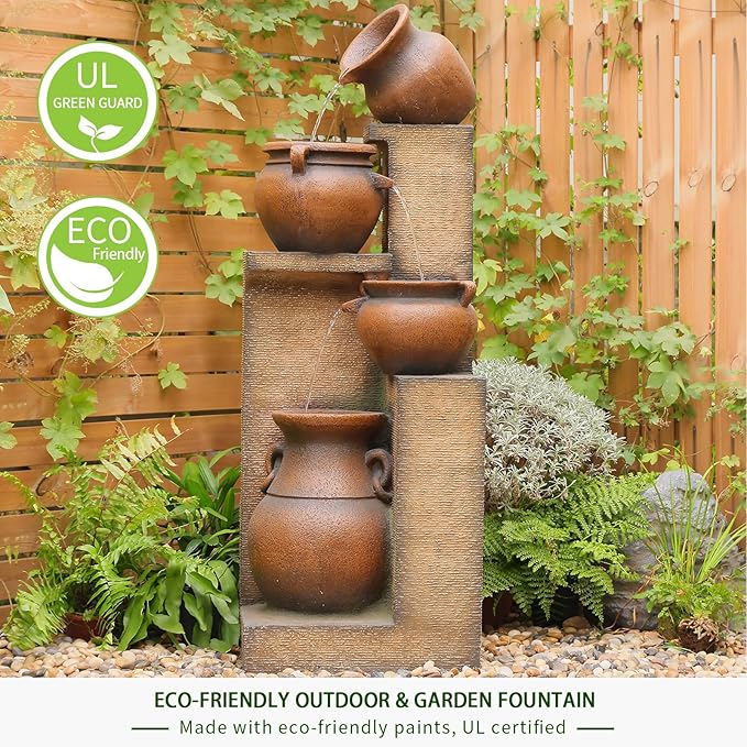 53" H Large Outdoor Water Fountain with Lights - 4 Tiered Cascading Bowls Waterfall Fountain for Garden, Patio, Backyard, Porch Inside - Freestanding Outdoor Water Feature Gold