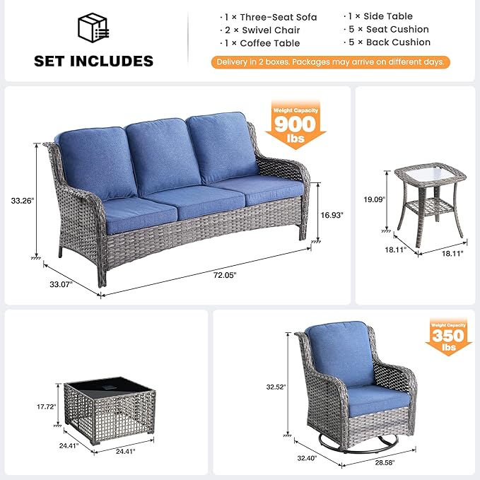 ovios 5 Pieces Patio Furniture Set, Outdoor Wicker Sofa Couch with Swivel Chairs Solar Lights Table, High Back All Weather Modern Conversation Sets, Grey Rattan, Denim Blue