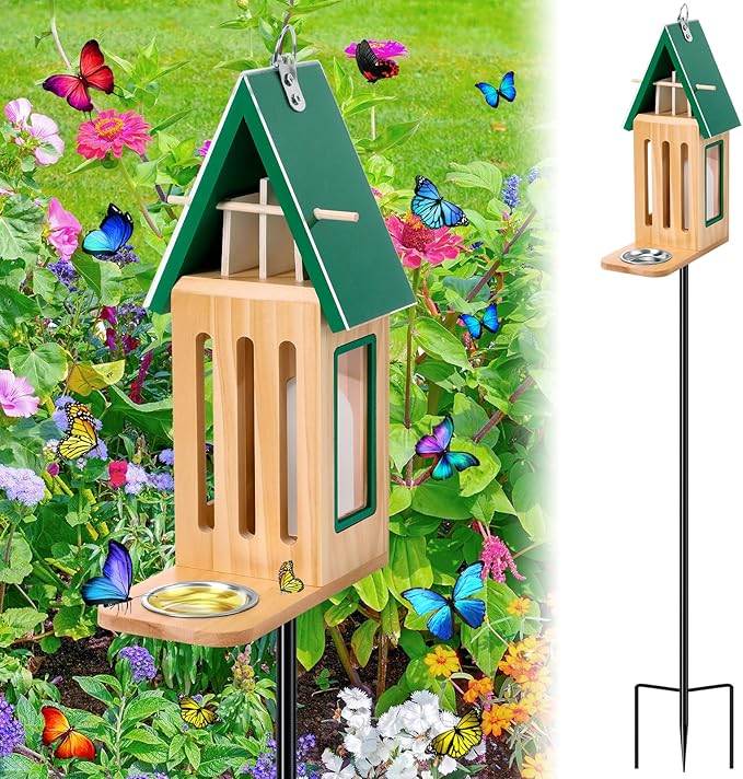 New Upgraded Butterfly House and Feeder for Outside - Wooden Butterfly House with Metal Stake for Garden Backyard, Natural Butterflies Habitat with Puddler on Floor or Hanging on Tree Wall