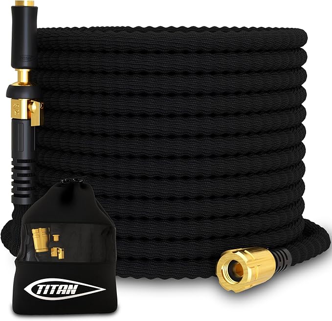 TITAN Flexible Garden Hose 20FT – Ultra Lightweight, Heavy Duty Water Hose with Brass Fittings & Jet Nozzle – Kink-Free, Non-Expanding, Durable Fabric Hose for Yard, Lawn, Car Wash, Outdoor Use