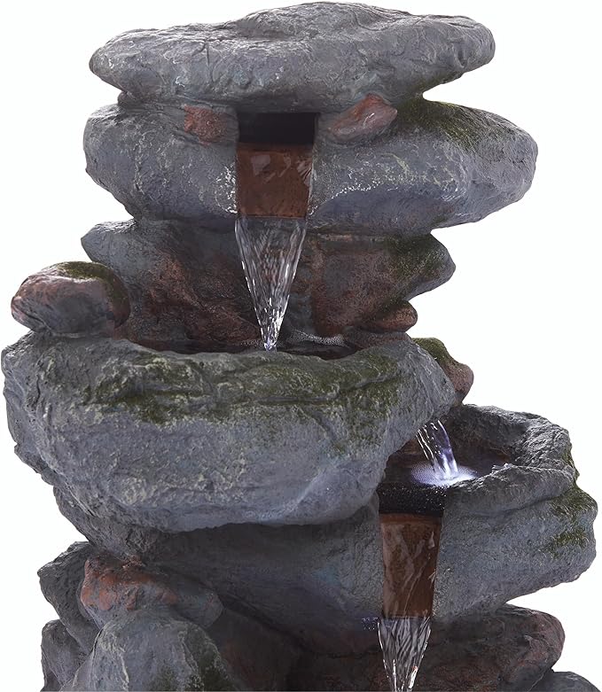 Alpine Corporation WIN582 22" Outdoor 3-Tier Rock Waterfall Fountain with LED Lights for Garden, Patio, Yard, and Porch Decor, Natural Stone Look, Gray