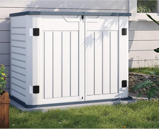 UDPATIO Outdoor Storage Cabinet 35 Cu Ft, Resin Horizontal Outdoor Trash Can Storage Box Lockable Shed 4 x 2 ft for Garbage, Garden Tools, Lawn Mowers
