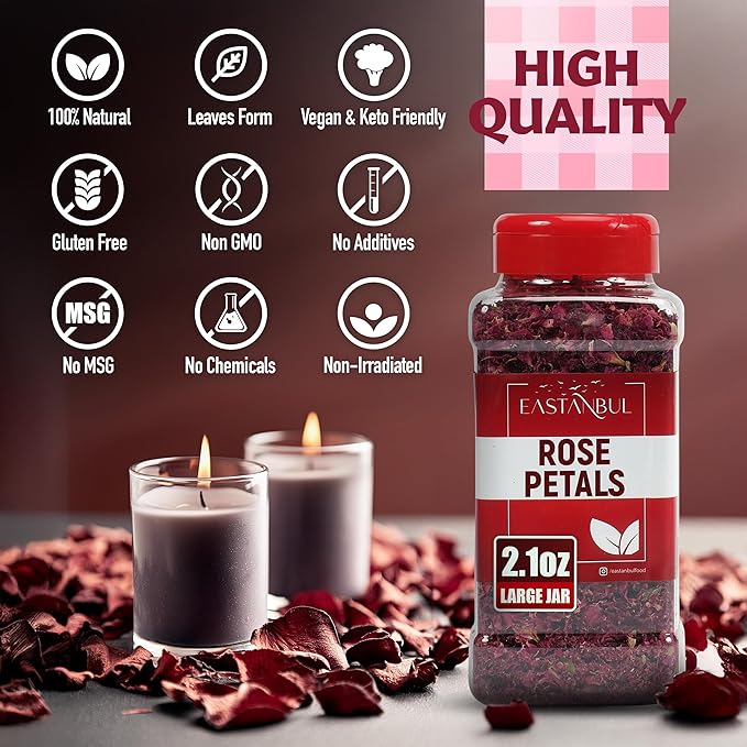Eastanbul Dried Rose Petals, 2.1oz, Premium Edible Rose Petals, Dried Flower for Herbal Tea, Decoration, Sprinkles, Dessert Topping, From Mediterranean Flowers, Natural, Vegan, Gluten Free, Non GMO