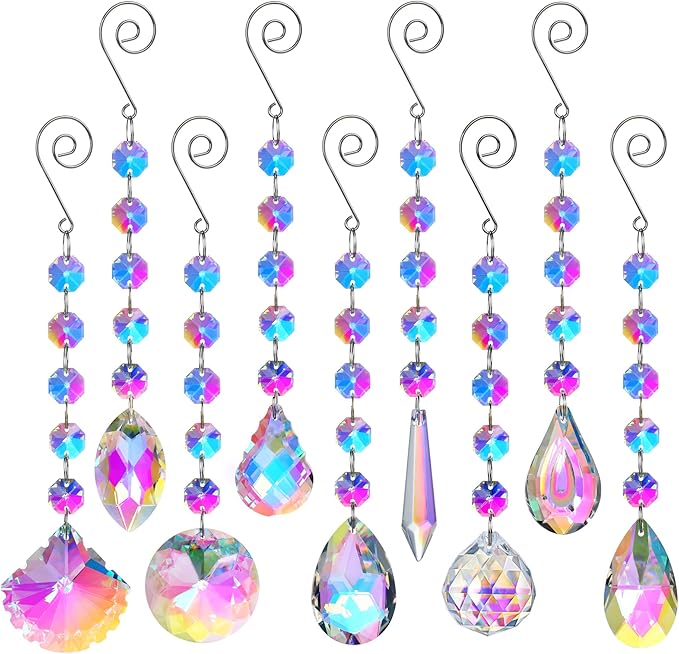 HDCRYSTALGIFTS 9 Pack Iridescent Sun Catchers with Crystals,Rainbow Maker Crystal Suncatchers for Window Hanging Colored Glass Wind Chimes Prism Pendant Suncatcher Beads for Decoration