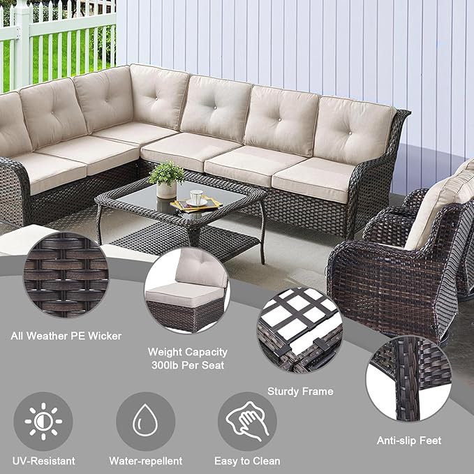 HUMMUH 8 Pieces Outdoor Patio Furniture Set with Fire Pit,L-Shaped Modular Sectional Couches with Swivel Patio Chairs,Wicker Conversation Set for Deck,Backyard,Porch,Garden