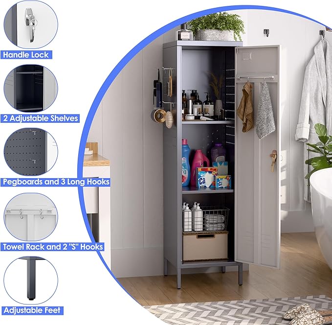 METAN Metal Storage Lockers with Handle Lock and 2 Adjustable Shelves,Office Storage Locker with Pegboards and Hooks,Assembly Required,Grey White