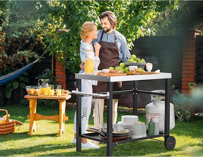 only fire Stainless Steel Movable Dining Cart Table, Pizza Oven Table, Multifunctional Utility Cart with Wheels for Outdoors, Kitchen or Backyard Patio