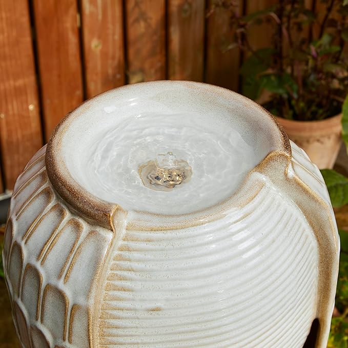 Glitzhome 28.25" H Oversized Ceramic Petals Textured Jar Outdoor Water Fountain, Vintage Sand Beige Glaze Vase Patio Garden Waterfall Fountain with LED Light and Submersible Pump