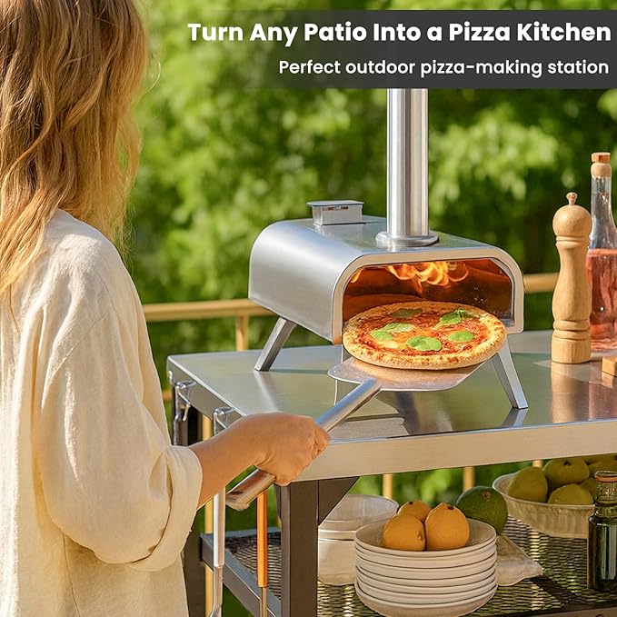 Pizza Oven Table for Ninja Woodfire, Blackstone, Cuisinart, 32x24 Inch Stainless Steel Outdoor Grill Prep Cart with Hooks, Portable Food Station