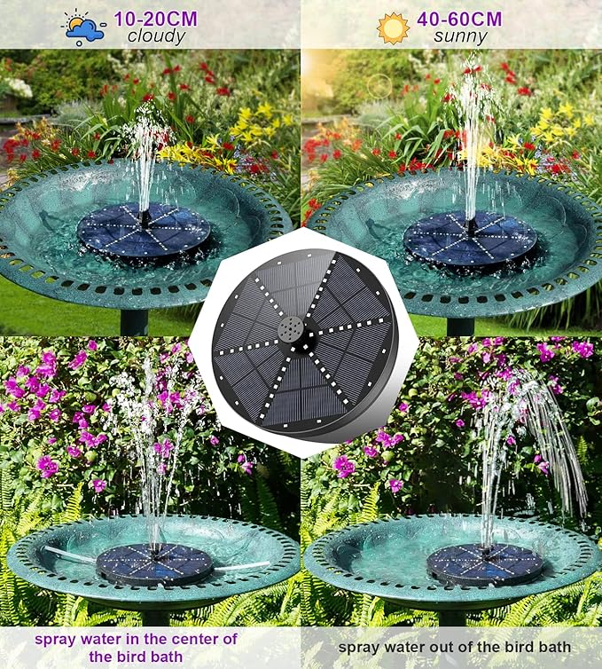 SZMP Solar Fountain 4W Bird Bath Fountains Upgraded 60 LED Lights, Solar Powered Fountain Pump Built-in 4000 Battery with 7 Nozzle & 4 Fixer, Solar Water Fountain for Garden, Bird Bath, Pool, Pond