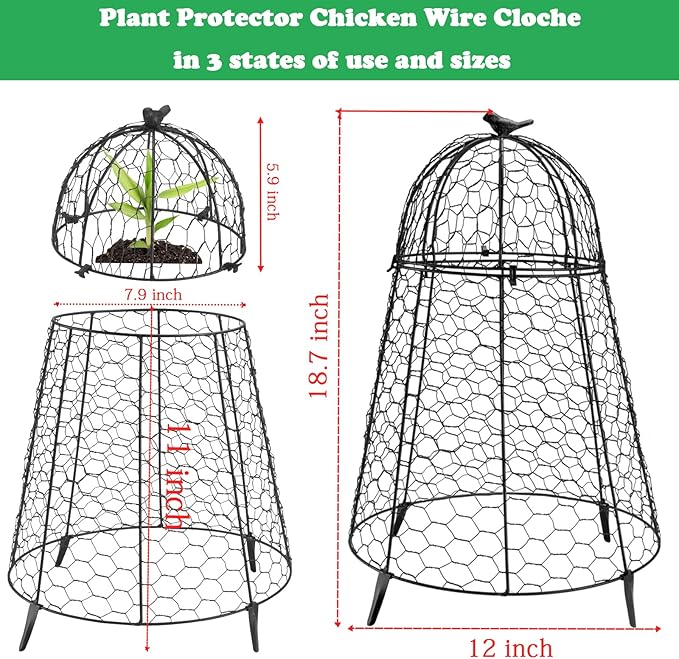 Plant Protector Chicken Wire Cloche 6 PCS, Plant Protectors from Animals, 18.7×12 Inch Large Garden Cloches for Plants, Sturdy 2-in-1 Cloche Dome for Plants, Plant Protectors for Easy Pruning