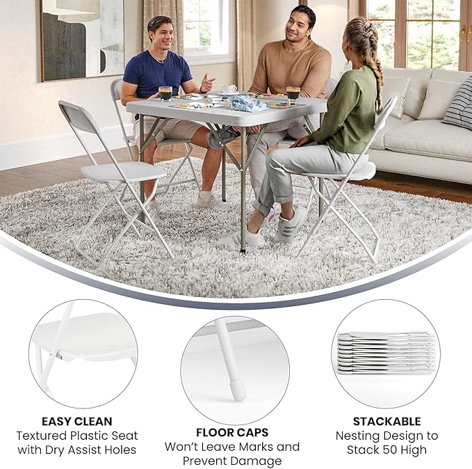 Flash Furniture Hercules Series Plastic Folding Chairs for Parties and Weddings, Stackable Commercial Event Seats with 650-lb. Static Weight Capacity, Set of 6, White