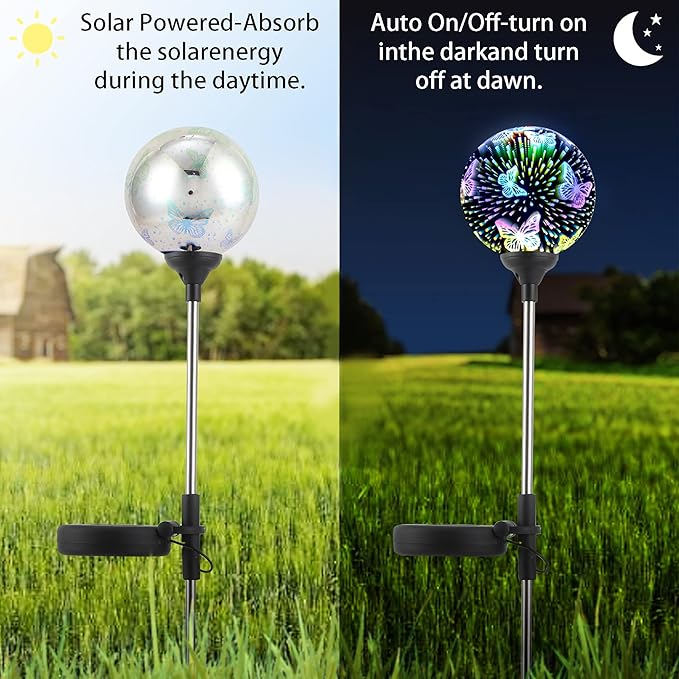 WNP Solar Outdoor Garden Light Decoration,Colorful Landscape Ball Stake Lights,2 Pack Outside Garden Light Decorative,Yard Solar Lights Waterproof Glass Decor Patio Path (2 Pack Butterfly)