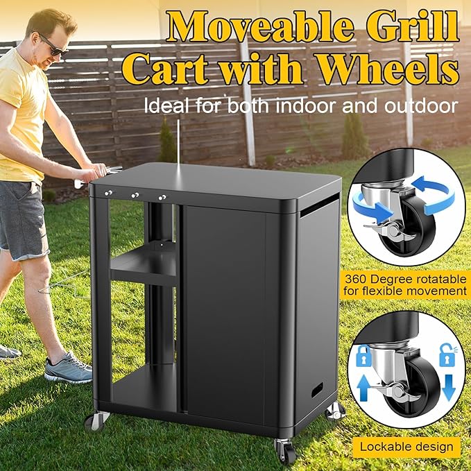Outdoor Grill Table Cart 57"x24"x35", Outdoor Kitchen Island with Storage & Large Tabletop for Blackstone Griddle, Ooni Pizza Oven, Ninja Woodfire Grill, BBQ Station, Dining Cart, Rolling BBQ Table