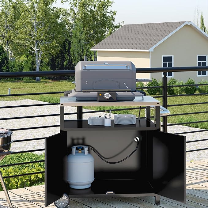 Outdoor Grill Cart with Storage Cabinet Stainless Steel Prep Stand with Storage Cabinet and Wheels Movable Whole Portable Table Outdoor Rolling Prep Station Kitchen Island Pizza Oven Table for Garden
