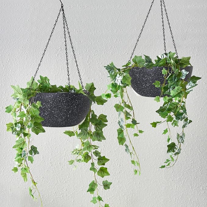 WOUSIWER 13 inch 2Pack Large Hanging Planters for Outdoor Indoor Plants with Drainage Holes and Chain, Round Hanging Flower Pots for Garden Home Porch Decor, Black Speckles