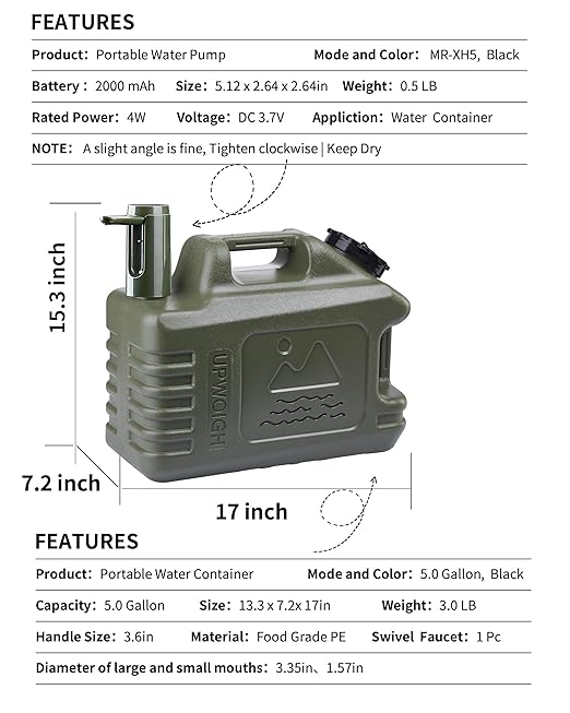 UPWOIGH 5 Gallon Water Jug with Automatic Touch Control Pump (1 Pump Included), Truly Leak-Proof BPA-Free Water Container with Spigot, Type-C Rechargeable Military Green Water Pump for Camping Hiking