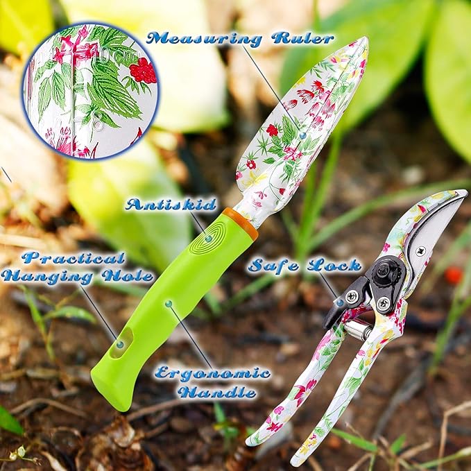 NAYE Garden Tool Set,Cute Gardening Gifts for Women,Birthday Gifts for Mom,Heavy Duty Tool Kit with Gloves,Garden Tote,Kneeling Pad,Hand Pruner,Trowel,Hand Rake,Weeder,Fork,Transplanter,Multicolor