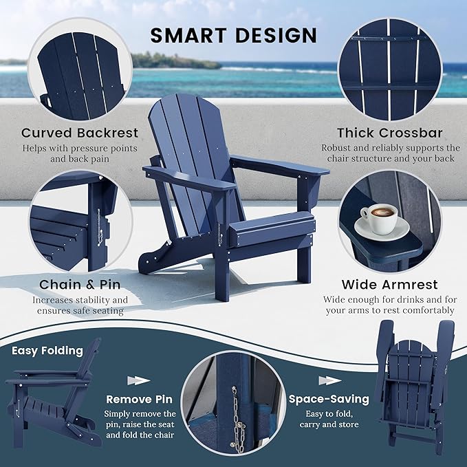 Westin Outdoors Laguna WO Outdoor Adirondack Folding Patio Chairs 8 PCS Set Retro Beach Aesthetic for Backyard, Lawn, Patio, Deck, Garden, Weather Resistant Polyethylene Plastic Lounger (Navy Blue)