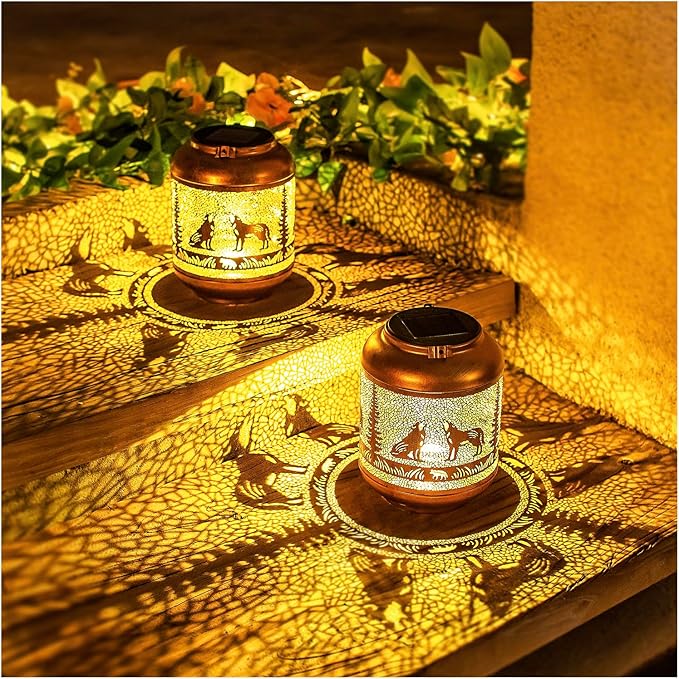 2 Pack Wolf Solar Lanterns Outdoor Waterproof Hanging Solar Lights Wolf Gifts for Women Men Mom Metal Decorative LED Outdoor Lanterns for Patio, Lawn, Landscape, Garden Decor, Yard Decorations