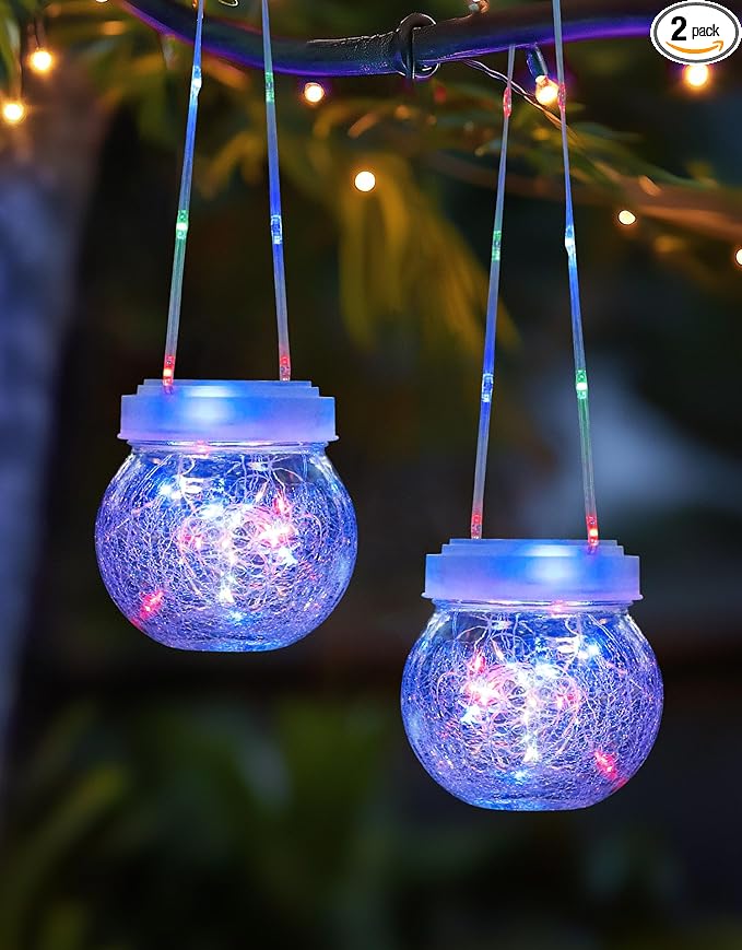 Solar Lantern Solar Lights Outdoor Waterproof 2-Pack, Solar Powered Hanging Lights Cracked Glass Hanging Globes for Christmas Decoration, Shepherd Hook, Garden Tree Ornaments,White Cap, Multi-Color