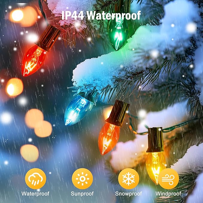 C7 Christmas Lights Outdoor 50 Feet Multicolor Christmas String Lights Green Wire for Room Roofline House Garden Patio Backyard Cafe Party Xmas Home Decorations, 50 Clear Bulbs