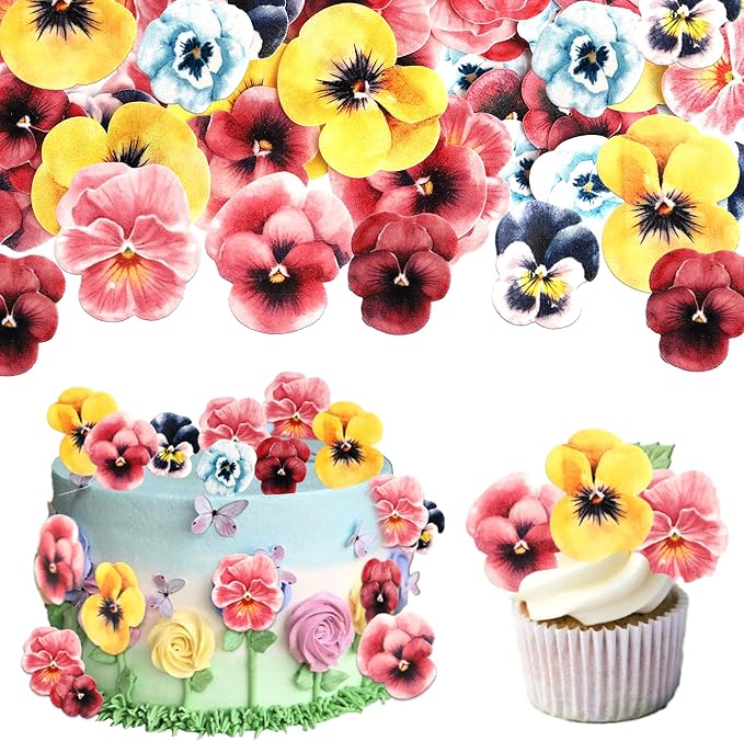 60 PCS Edible Flowers Cake Toppers Wafer Paper Flowers Cupcake Toppers Pansies Wedding Bridal Engagement Edible Flower Cake Decorations for Baby Shower Birthday Party Cake Food Decorations Supplies