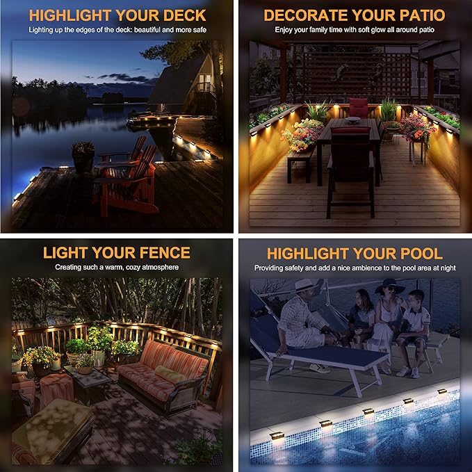 SOLPEX Solar Fence Lights, 6 LEDs Solar Lights Outdoor Waterproof Solar Powered for Deck, Stair, Front Porch, Balcony, Walkway, Garden, Yard, Patio, Pool Decor, IP65 Waterproof (4 Pack, Warm White)