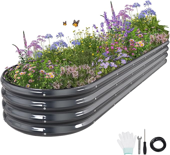 Galvanized Raised Garden Bed Outdoor- Raised Beds for Gardening| Metal Planter Box, Steel Raised Garden Bed Kit with Safety Edging and Gloves for Vegetables, Flower, Herbs (8x2x1FT, Gray)