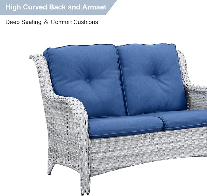 HUMMUH 5 Pieces Outdoor Furniture Patio Furniture Set Wicker Swivel Patio Chairs with 2 Seater Outdoor Sectional Sofa/Patio Loveseat with Ottomans(Light Grey/Blue)