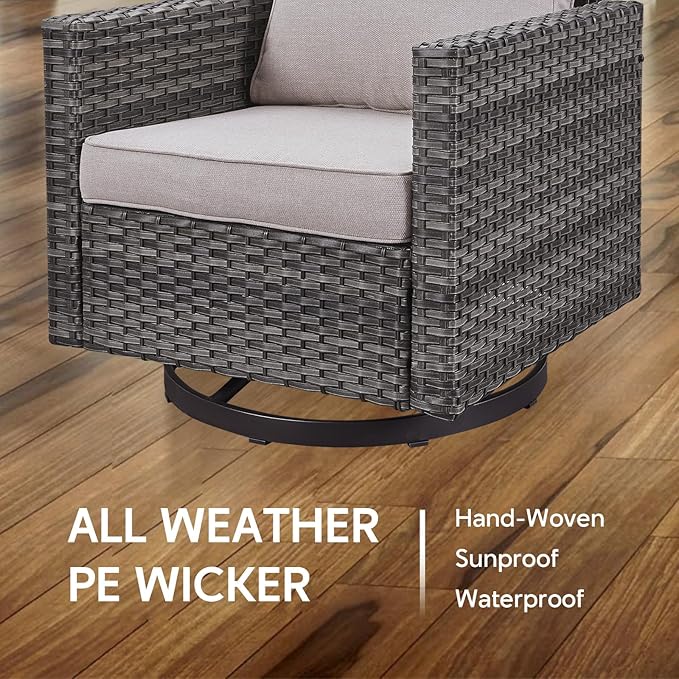 7 Piece Wicker Patio Furniture Set - Outdoor Swivel Rocker Chairs Set with Coffee Table, Side Table, 3 Seat Sofa & Ottomans, Small Patio Conversation Sets for Balcony Deck - Grey/Beige