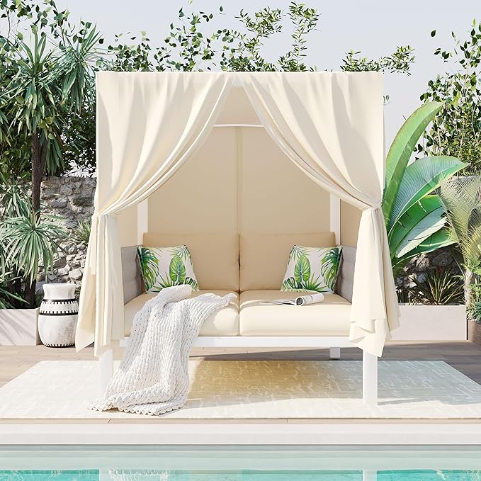 Polibi Outdoor Patio Sunbed with Beige Curtains,Outdoor Sun Lounger Bed with Pillows,Rubber Core Rope Weaving Outdoor Double Chaise Lounge Suitable for Pool,Garden,Beige