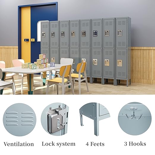 Yizosh Metal Lockers for Employees with Lock, Employees Locker Storage Cabinet with 1 Doors, Tall Steel Storage Locker for Gym, School, Office (Gray, 2 Door)