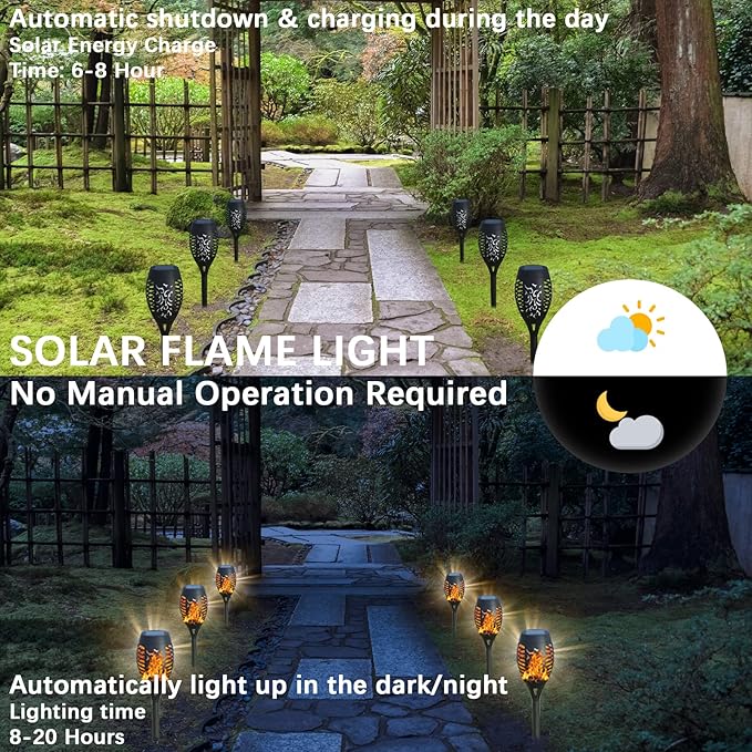 12Pack Solar Torch Lights with Flickering Flame Upgraded, Security&Waterproof Solar Lights Outdoor Landscape Decoration, Mini Solar Tiki Torches for Yard,Garden,Patio, Pathway Decor-Auto On/Off