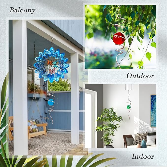 Glow in The Dark Gazing Ball Spiral, Wind Spinner Tail, Wind Spinners Stabilizer, Hanging Outdoor Decor for Garden Yard Art Decor Christmas Ornament Sun Catcher Rainbow Maker 13in Height