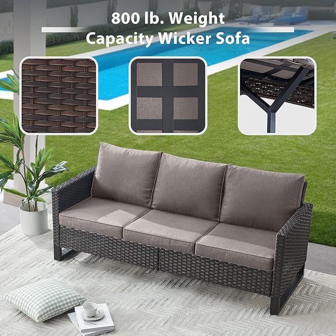 7 Piece Wicker Patio Furniture Set - Outdoor Swivel Rocker Chairs Set with Coffee Table, Side Table, 3 Seat Sofa & Ottomans, Small Patio Conversation Sets for Balcony Deck - Brown/Grey