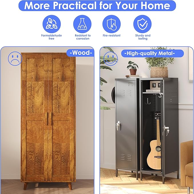 METAN Metal Storage Lockers with 1 Door and 1 Adjustable Shelf,55''H*15''W*15''D Steel Lockers with Hooks for School,Home,Office,Gym,Assembly Required,Black