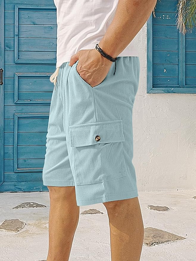 Mens Cargo Shorts Casual Drawstring Elastic Waist Corduroy Summer Beach Shorts with Pockets