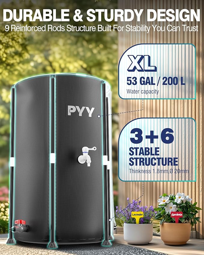 PYY Rain Water Collection Barrel - 53 Gallon Black Water Storage Tank with Spigot, Hose and Portable Bucket, Large Plastic Collapsible Rain Catcher Catchment System to Collect Rainwater from Gutter