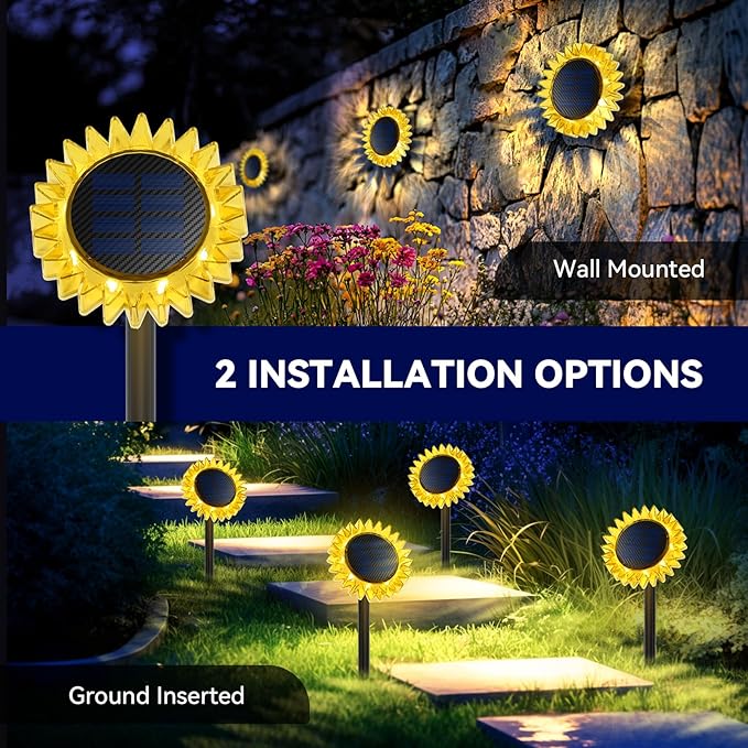 Solar Sunflower Decorative Outdoor Lights, 2 Pack Ground & Wall 2-in-1 Waterproof Decor Light for Backyard, Garden, Pathway, Driveway (Yellow)